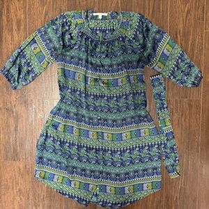 COLLECTIVE CONCEPTS BUTTON DOWN LONG SLEEVE DRESS BELT BLUE GREEN NAVY PATTERN